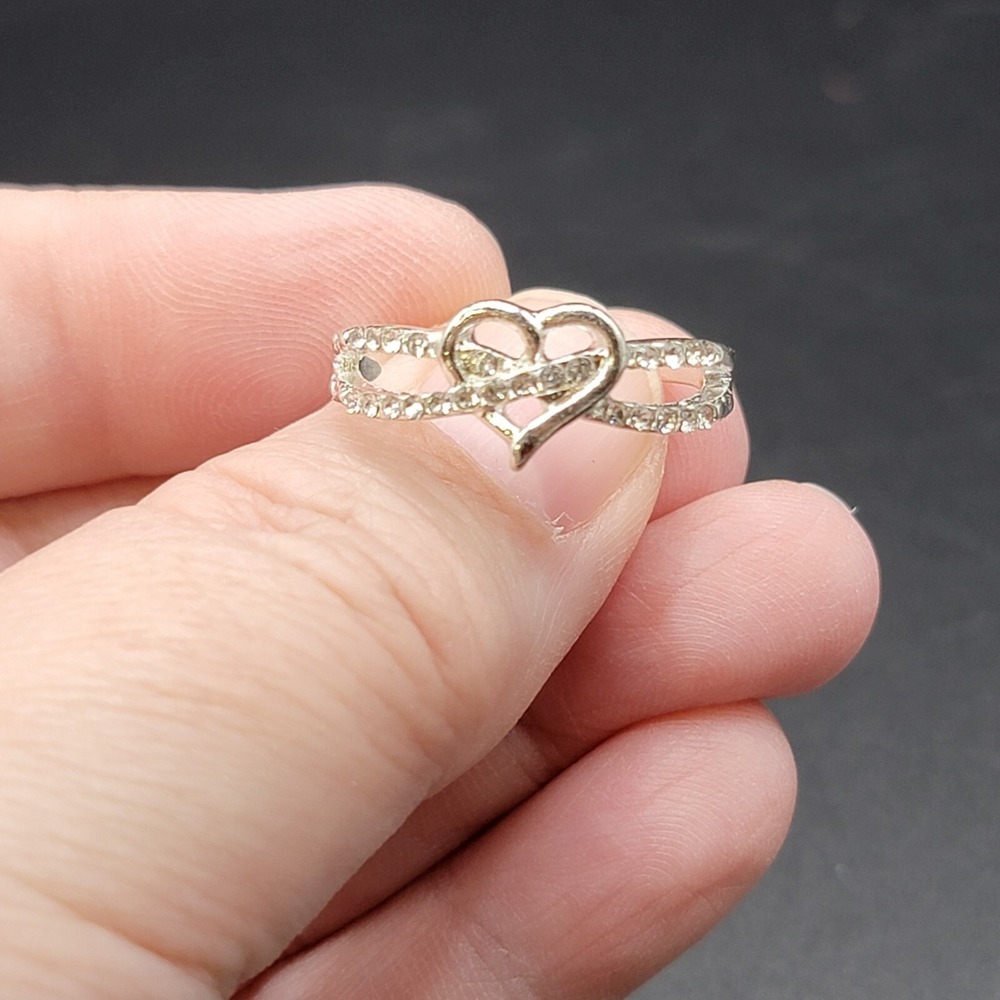 Infinity Heart Cross Over Diamond Silver Tone Ring- Size 10